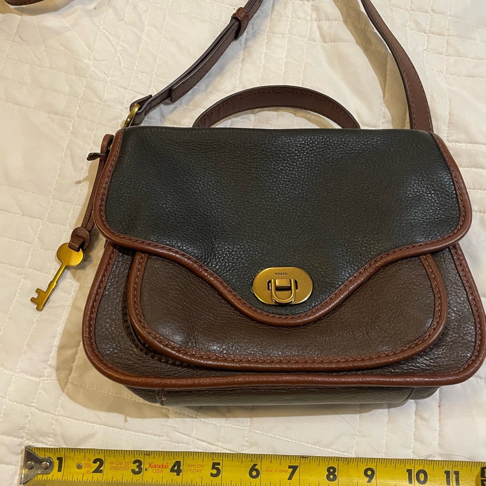 Fossil Dark Brown and Tan Leather Satchel
